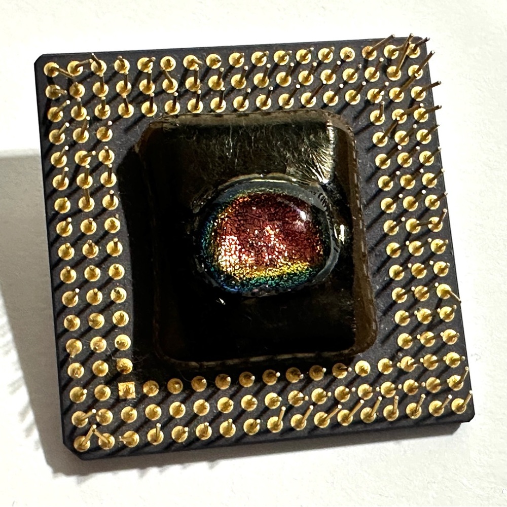 Repurposed Actual Intel 486 Processor Brooch Dichroic Glass Bead Geek Jewelry